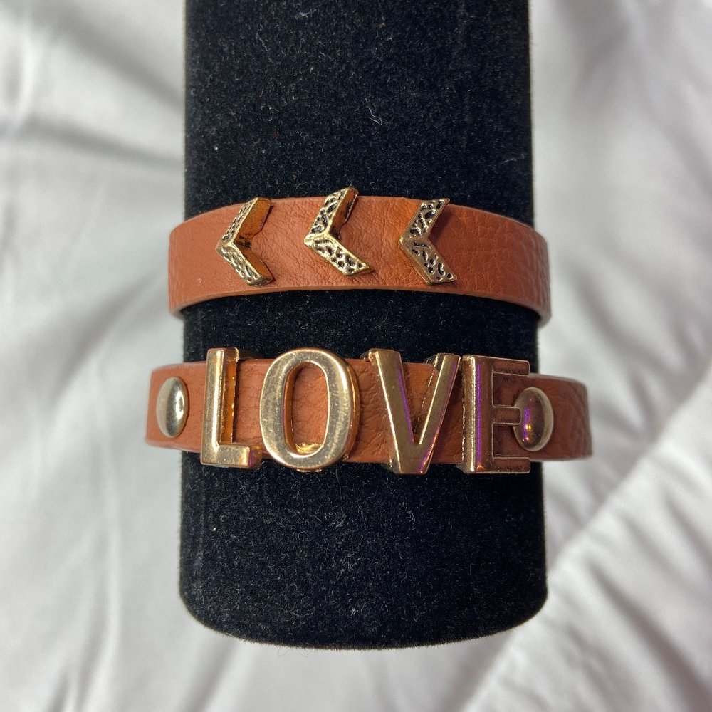 Brown Leather and Gold Love/Arrow Bracelet Set